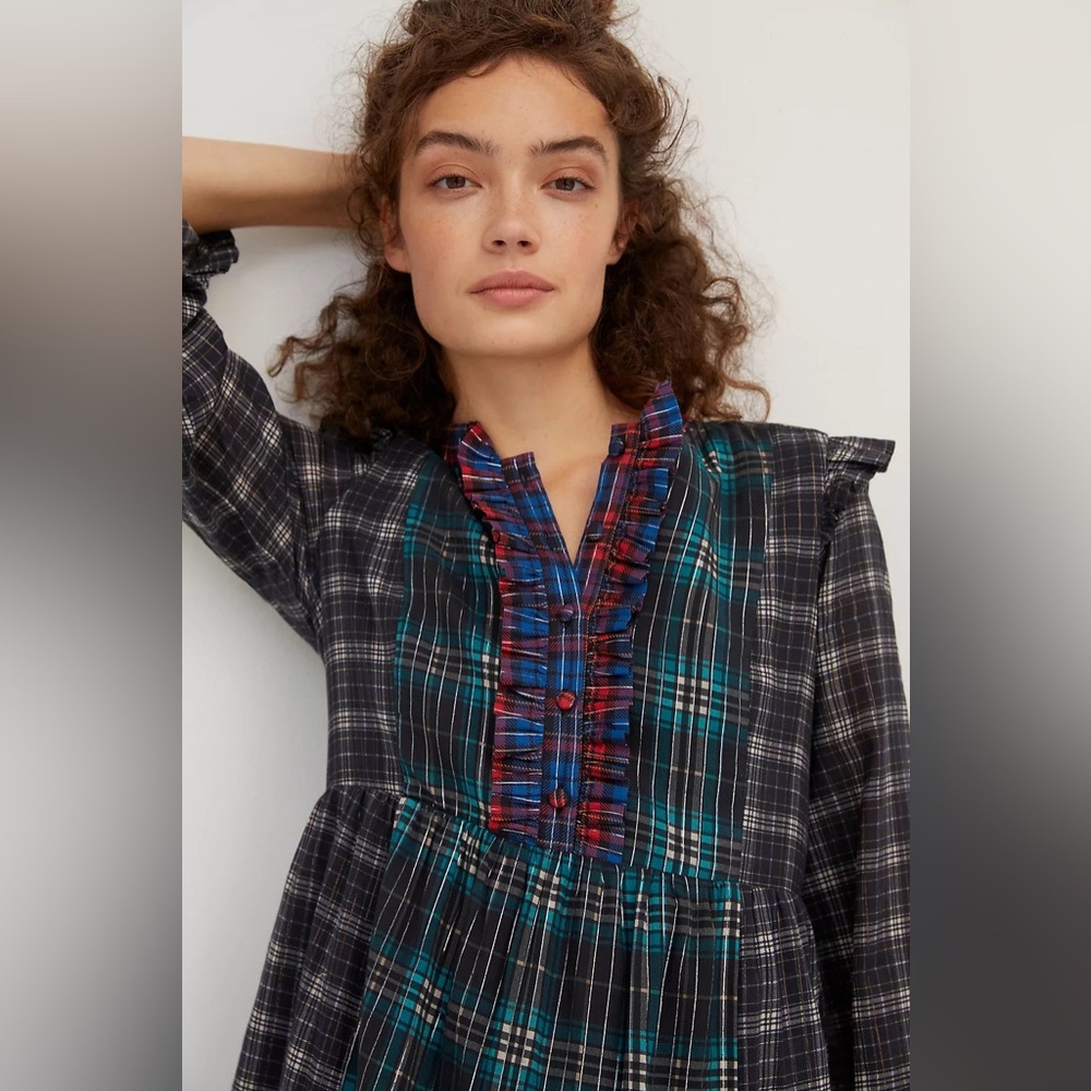 Anthropologie Dhruv Kapoor Ariana Plaid Ruffled Mini Dress - Picture 16 of 16
